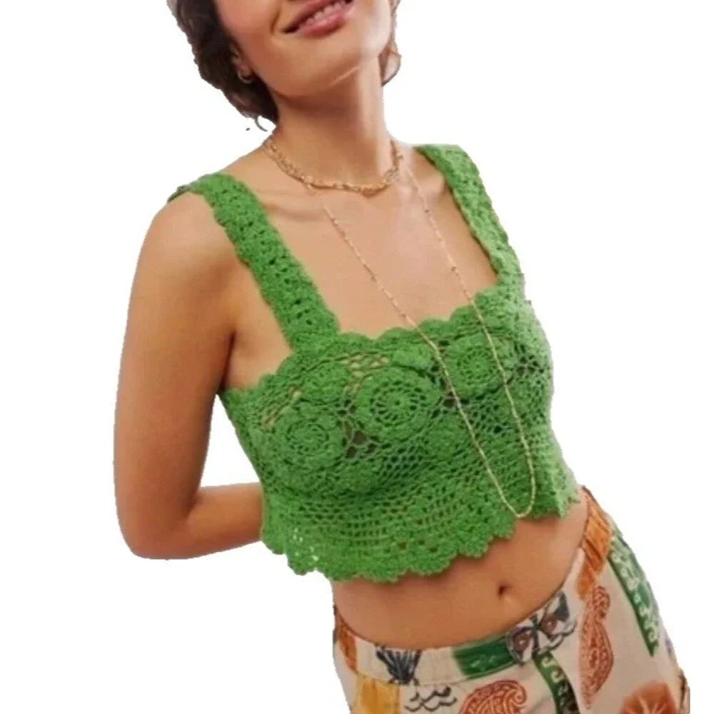 Free People Crochet Tank Top Medium Green Open Knit Cropped Cotton Unlined